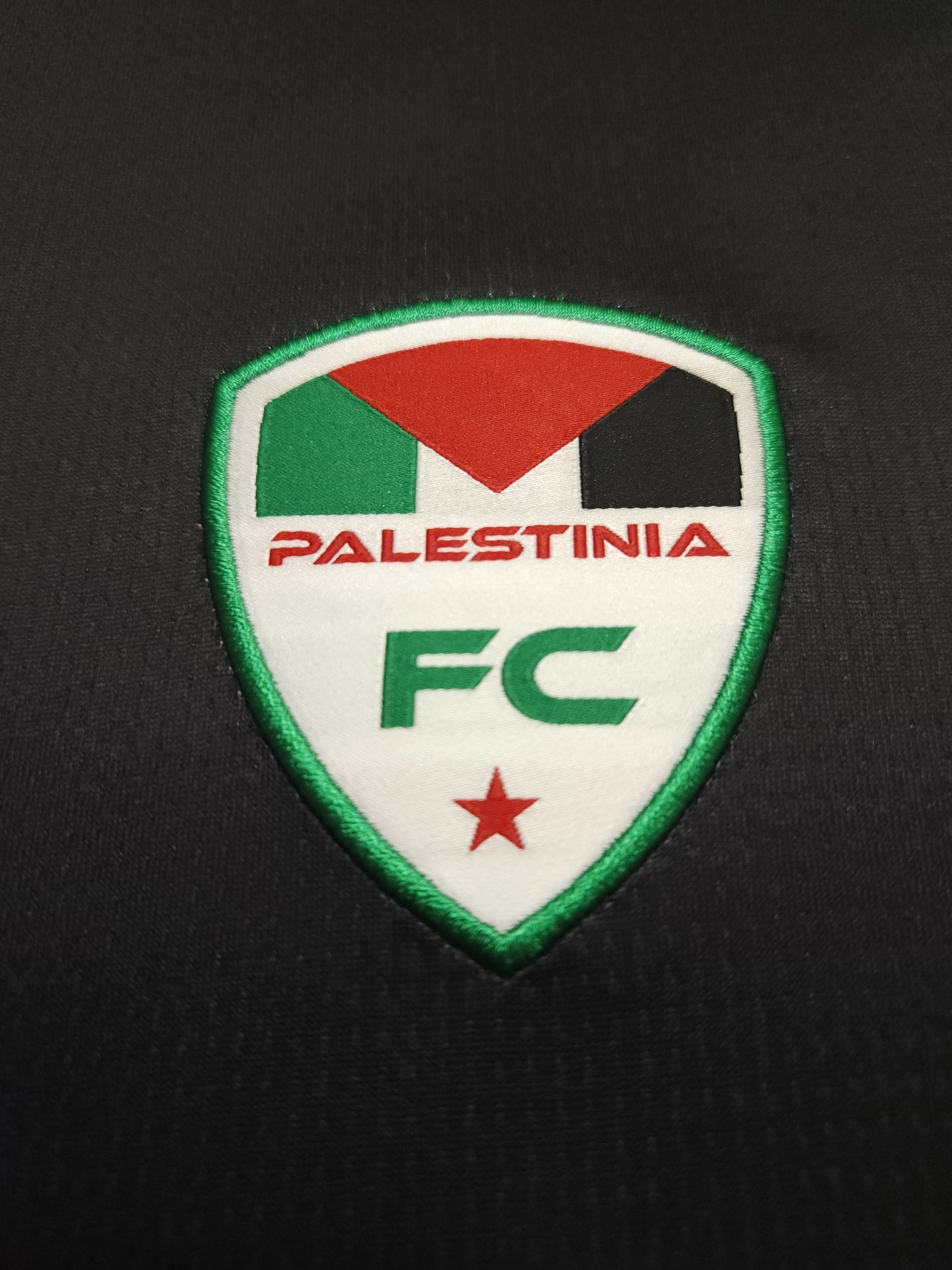 Close-up of Palestinia FC embroidered crest on black Arabic jersey with Palestinian flag colors and green border