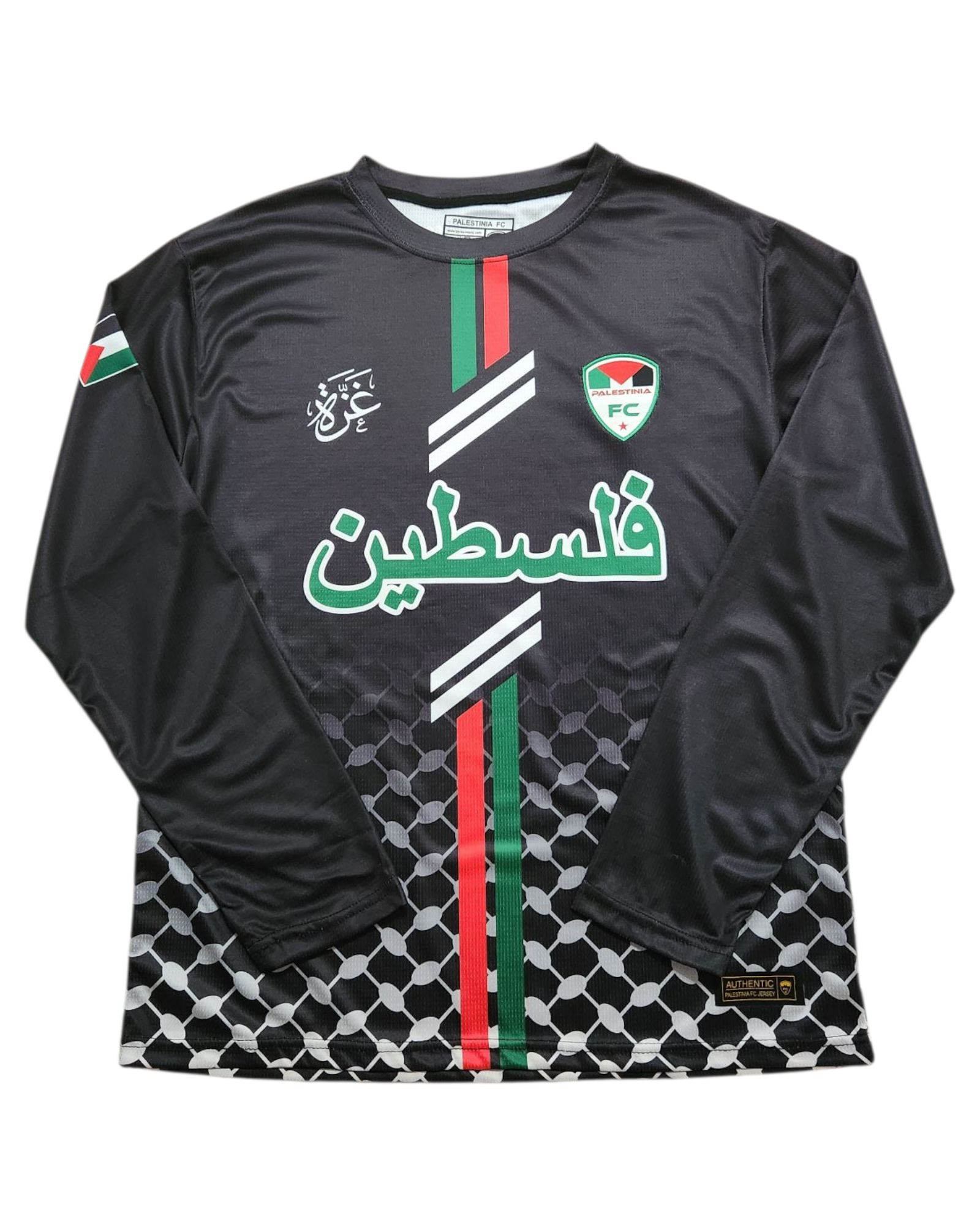 Front view of Palestinia FC black long sleeve Palestine Arabic jersey with red and green stripes