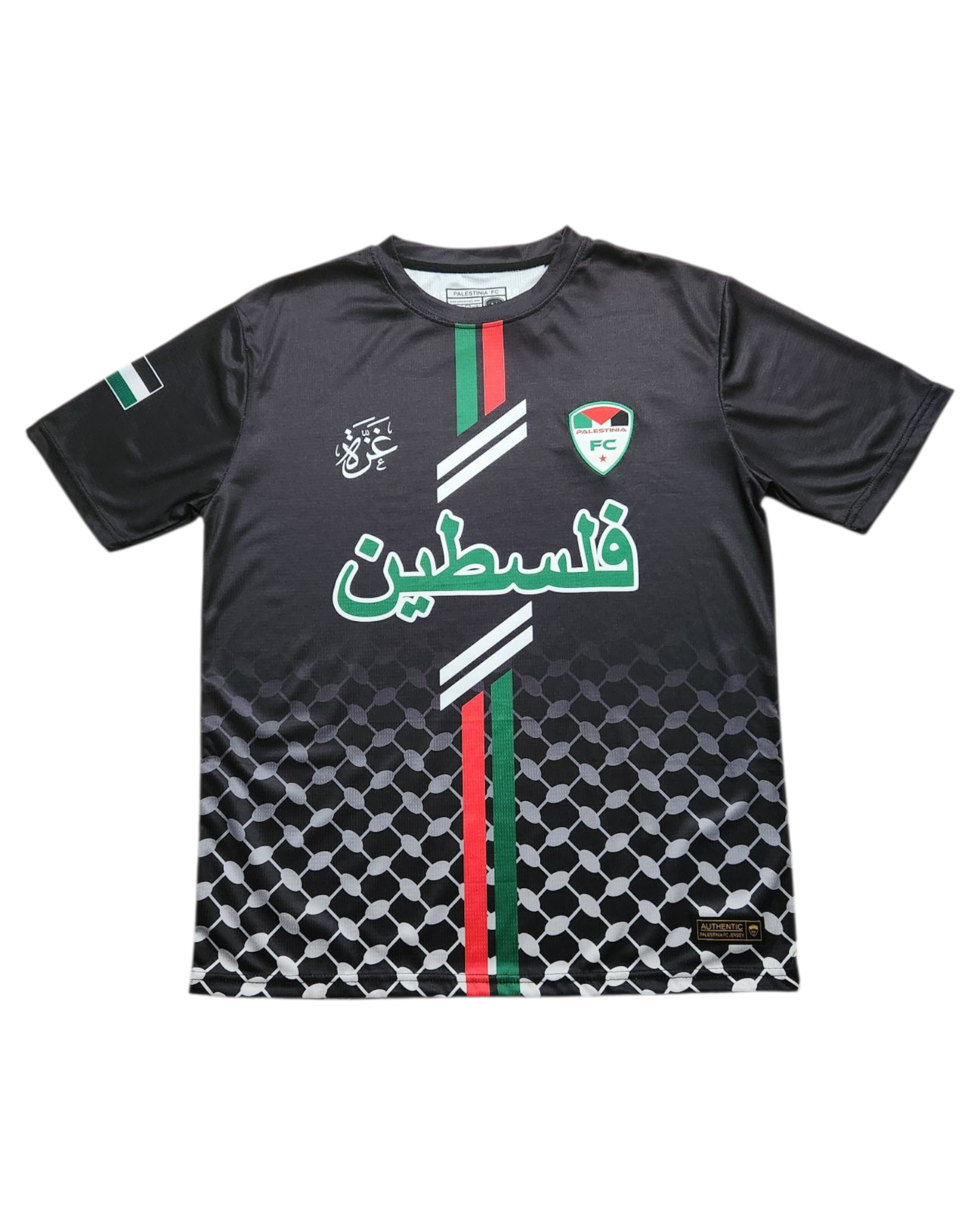 Black sports jersey with green and red accents on a white background