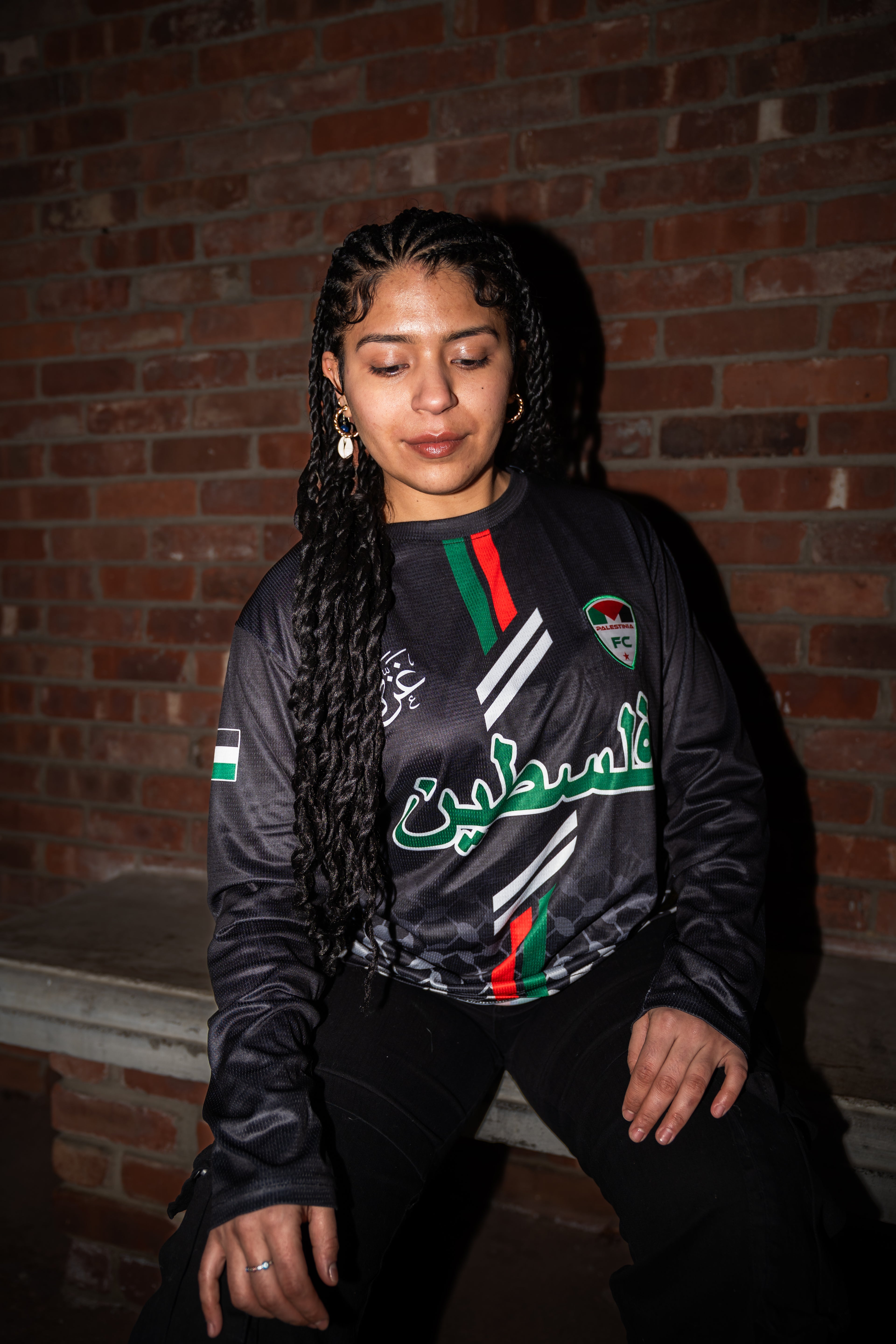 Black Palestine Arabic Jersey (Green/Red Stripes) Long Sleeve