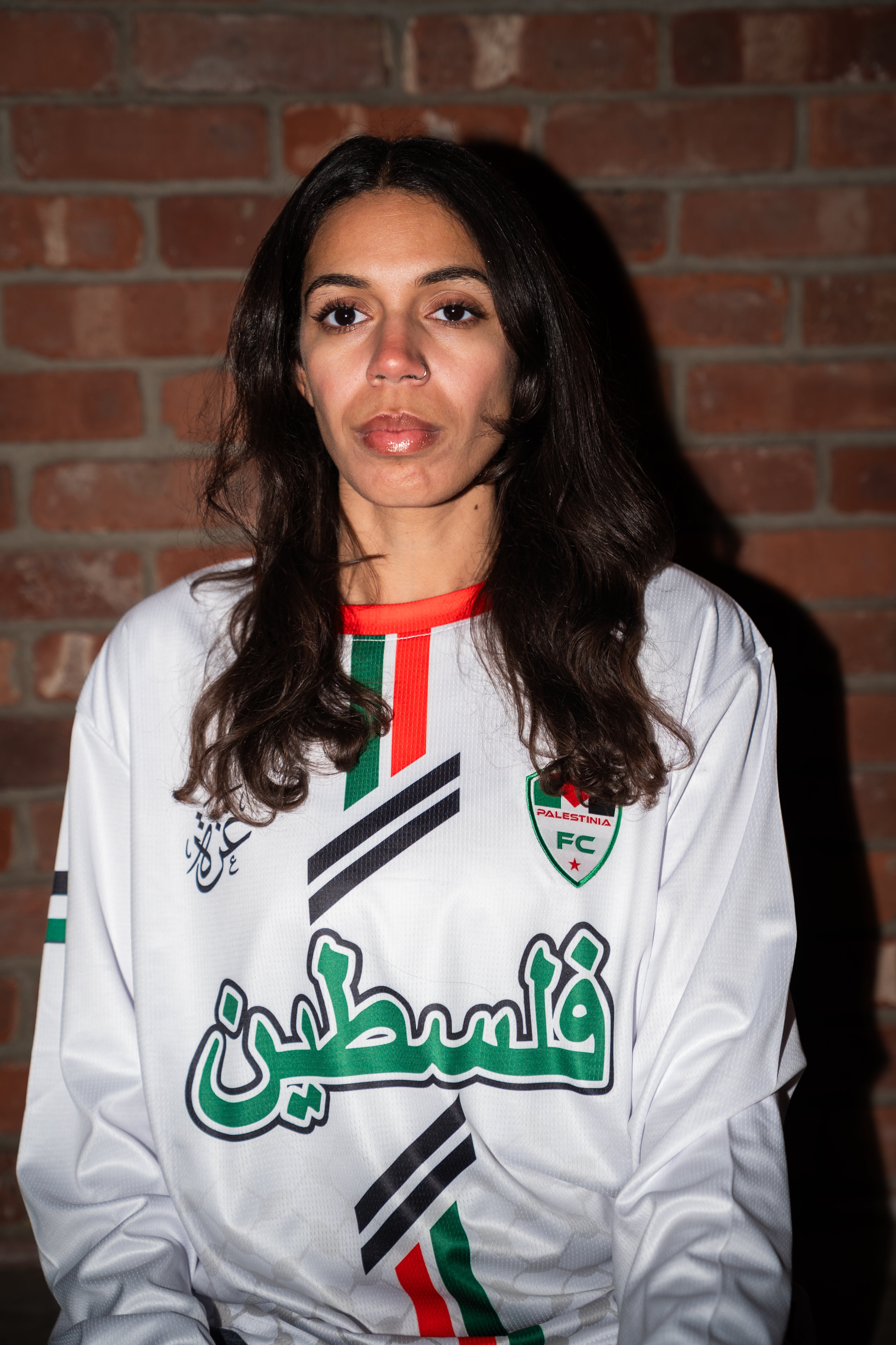 White Palestine Arabic Jersey (Green/Red Stripes) Long Sleeve