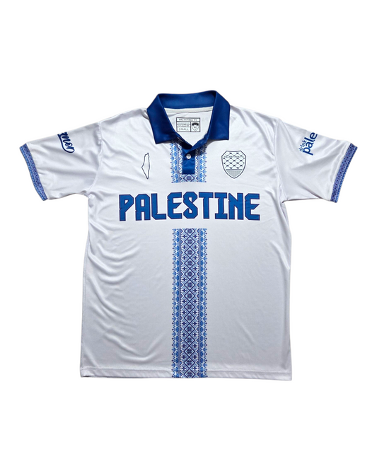 Palestine Jersey – (White/Blue) Tatreez Design | Cultural Apparel