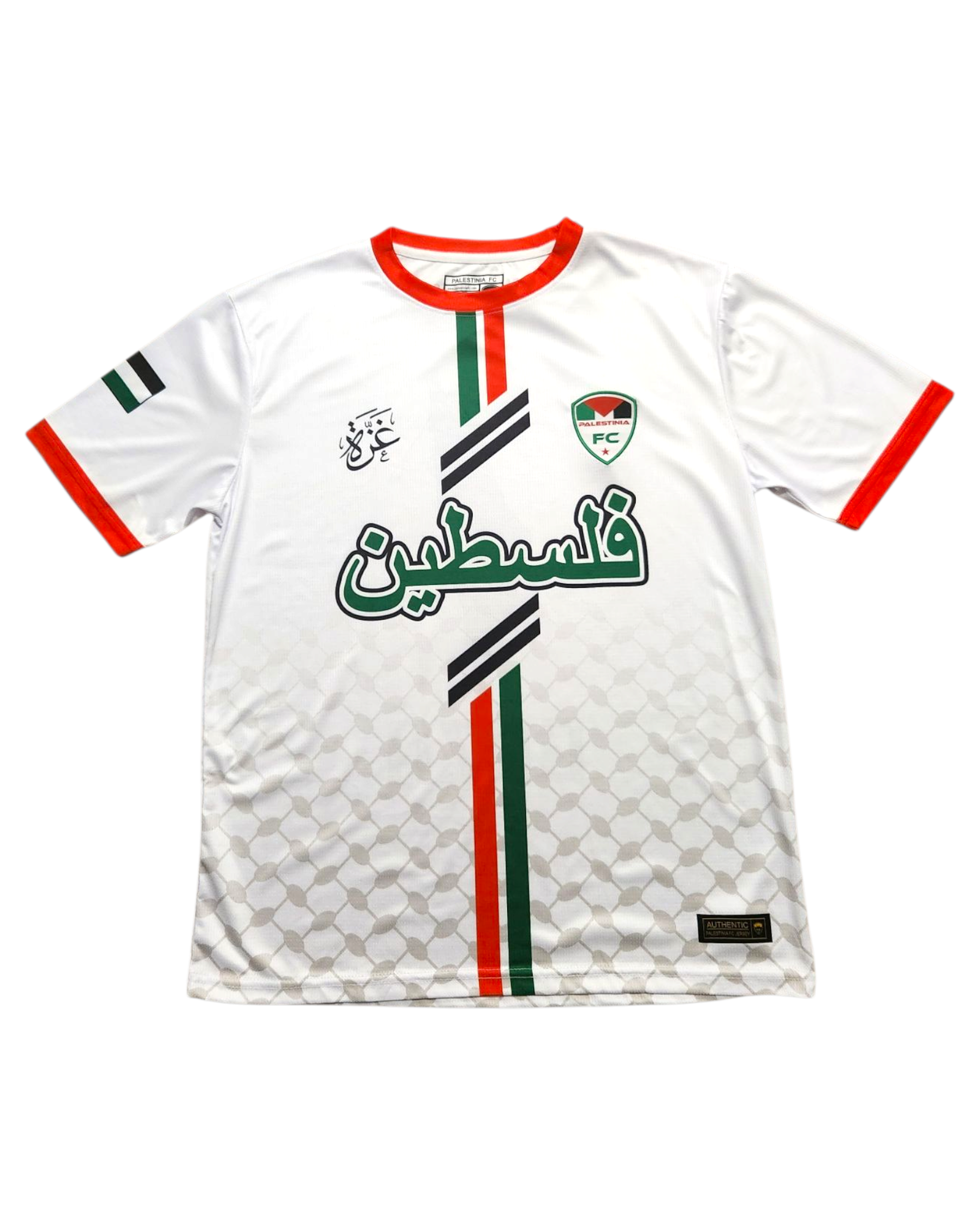 Front view of Palestinia FC White Arabic Jersey featuring Arabic “Palestine” text, Gaza calligraphy, and red-green-black flag stripes