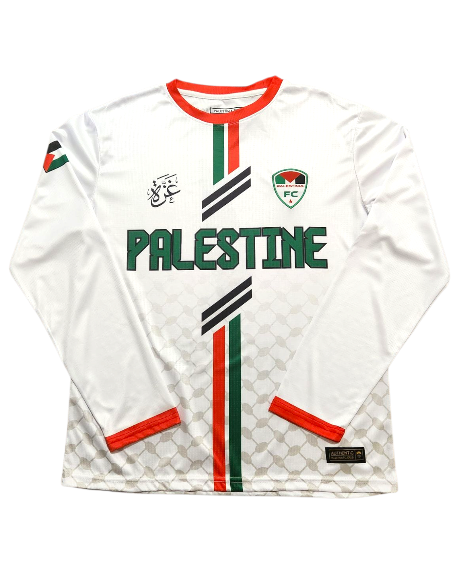 White sports jersey with 'Palestine' text and flag design on a white background