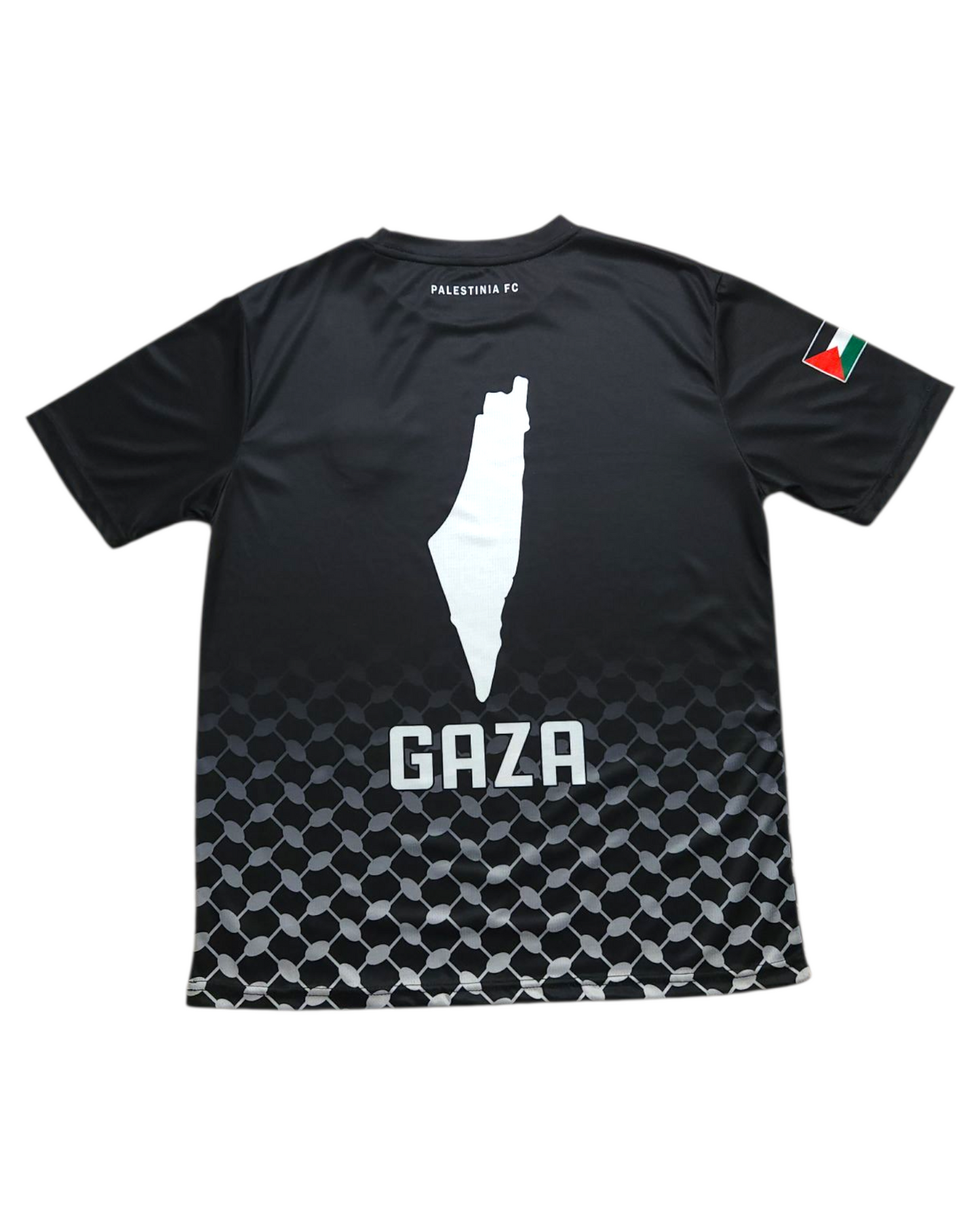 Black t-shirt with white graphic of Palestine map and 'GAZA' text on a white background