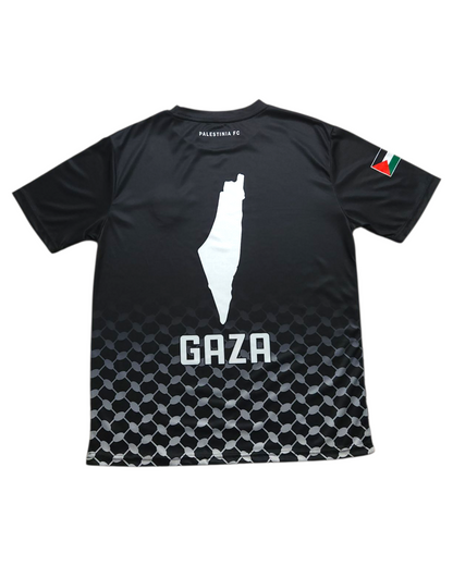 Black t-shirt with white graphic of Palestine map and 'GAZA' text on a white background