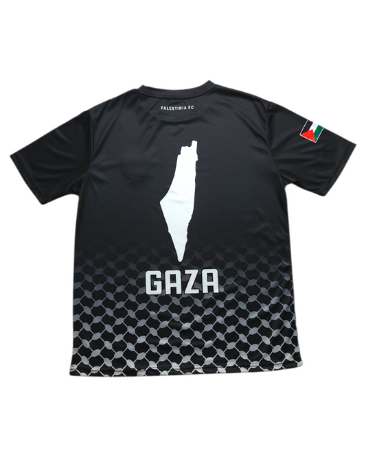 Black t-shirt with white graphic of Palestine map and 'GAZA' text on a white background