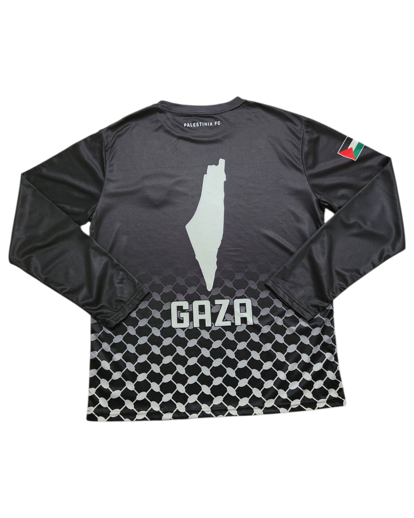 Back view of Palestinia FC long sleeve jersey showing Gaza silhouette and Palestine map