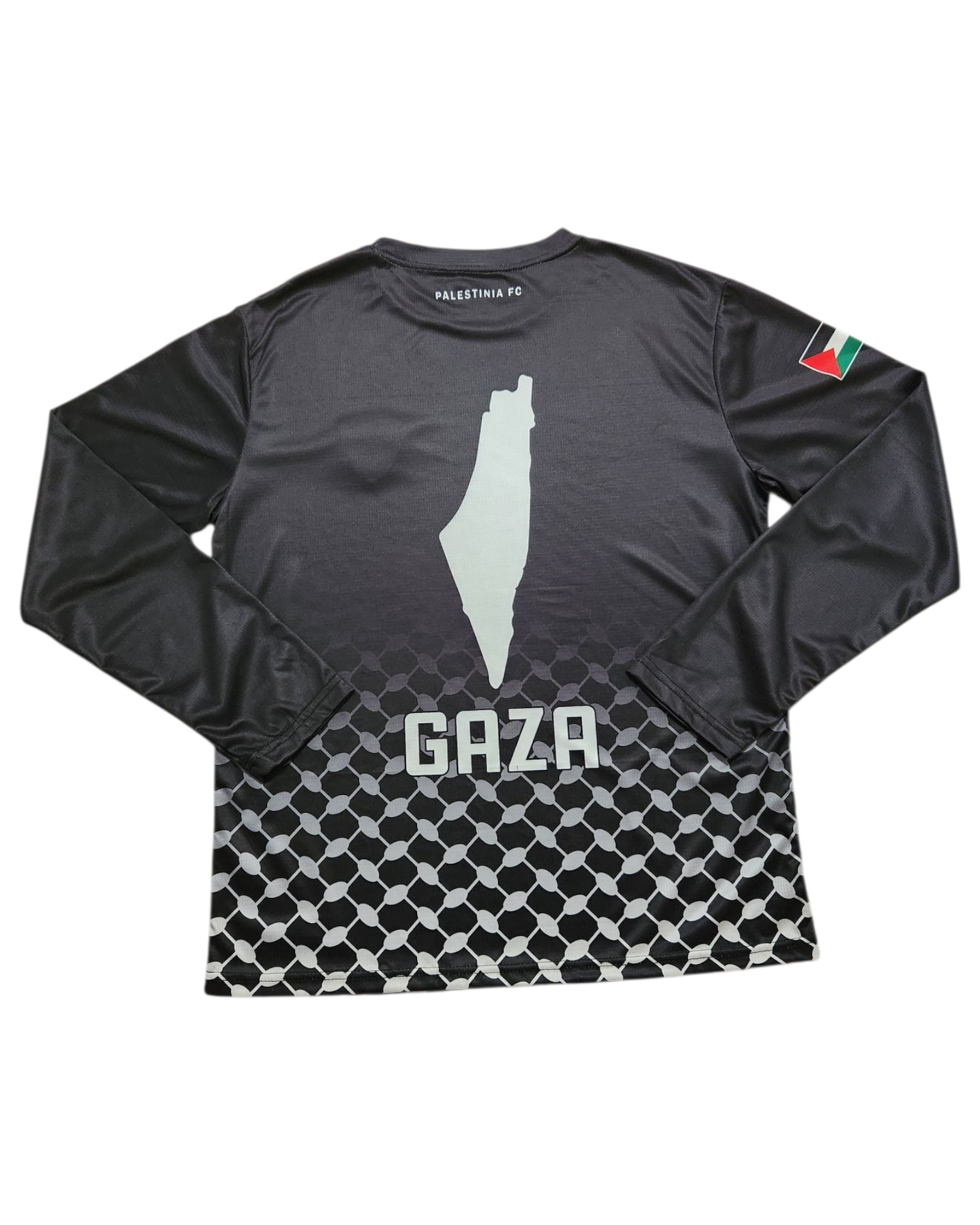 Back view of Palestinia FC long sleeve jersey showing Gaza silhouette and Palestine map