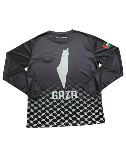 Back view of Palestinia FC long sleeve jersey showing Gaza silhouette and Palestine map