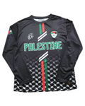 Front view of Palestinia FC black Palestine long sleeve jersey with red and green stripes