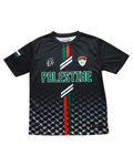 Black sports jersey with 'Palestine' printed on it, featuring red and green accents.