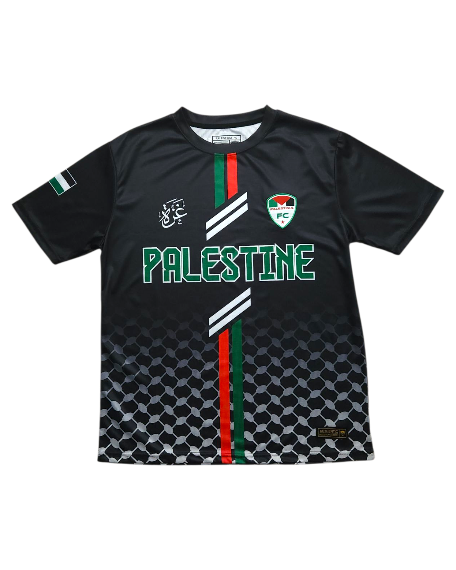 Black sports jersey with 'Palestine' printed on it, featuring red and green accents.