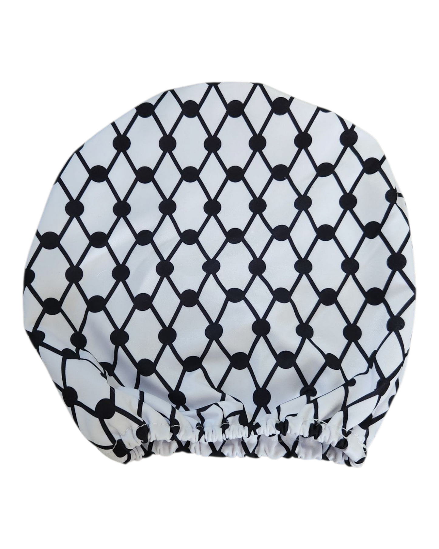 Single white Keffiyeh car headrest cover with black Kufiya pattern and elastic edge