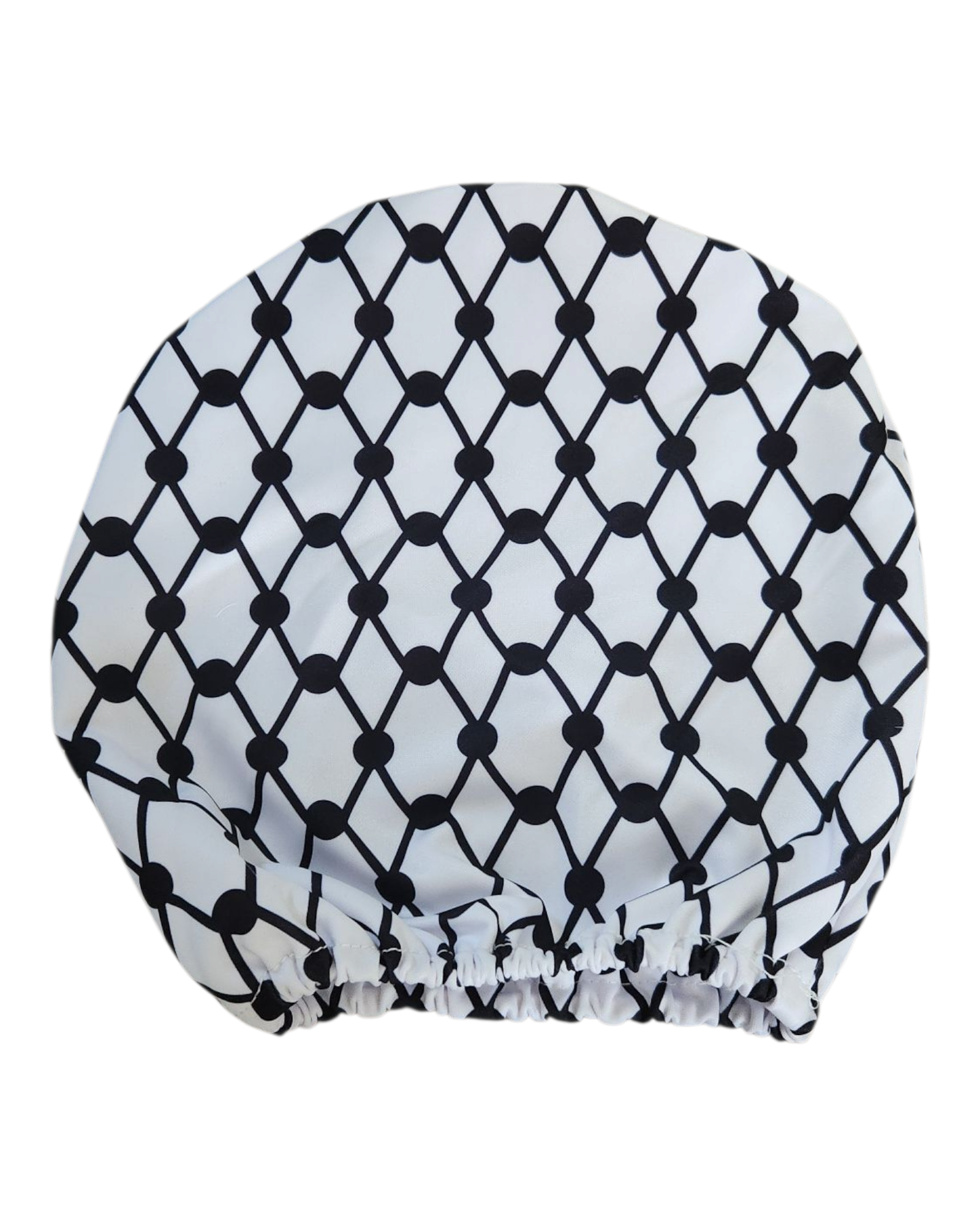 Single white Keffiyeh car headrest cover with black Kufiya pattern and elastic edge
