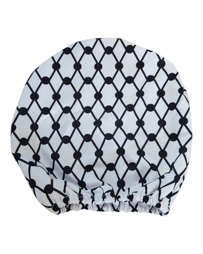 Single white Keffiyeh car headrest cover with black Kufiya pattern and elastic edge