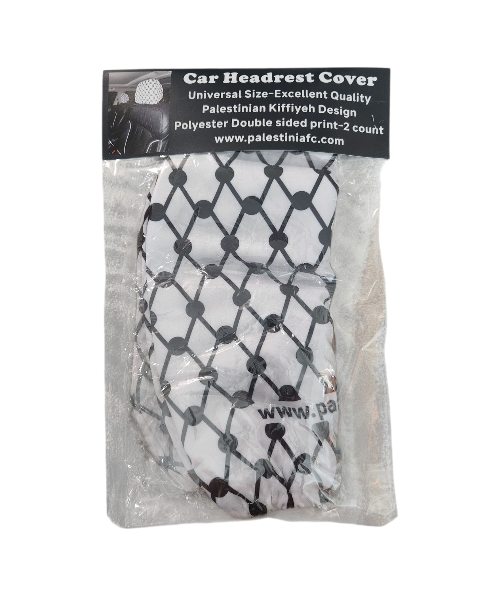 Packaged Keffiyeh car headrest covers with label reading Palestinian Kiffiyeh Design