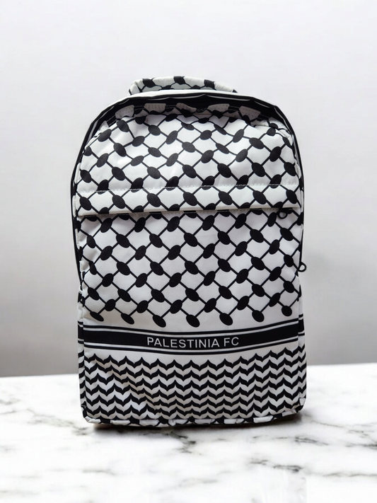 A backpack with a geometric pattern, predominantly in black and white, with 'PALESTINIA FC' branding on the lower part.