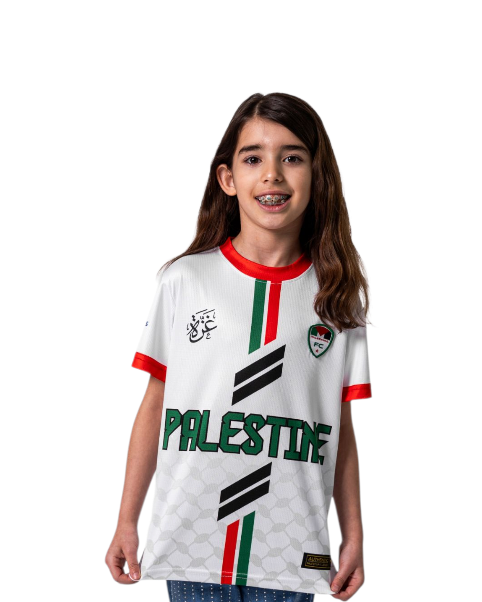 Child wearing a white sports jersey with 'Palestine' printed on it, on a white background