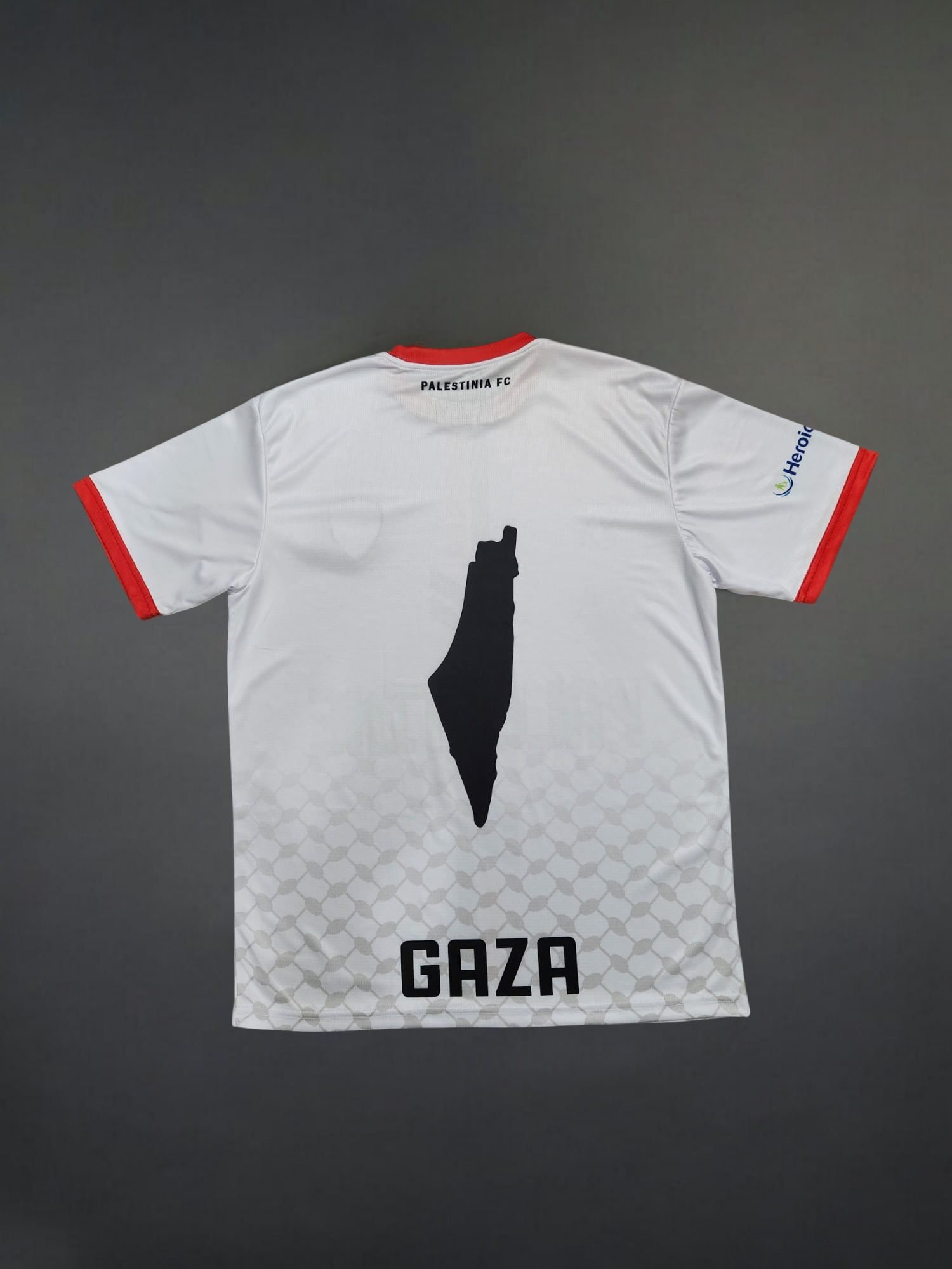 Back of Kids White Palestinia FC jersey showing Gaza silhouette and keffiyeh pattern with red and green sleeve trim