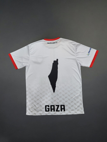 Back of Kids White Palestinia FC jersey showing Gaza silhouette and keffiyeh pattern with red and green sleeve trim