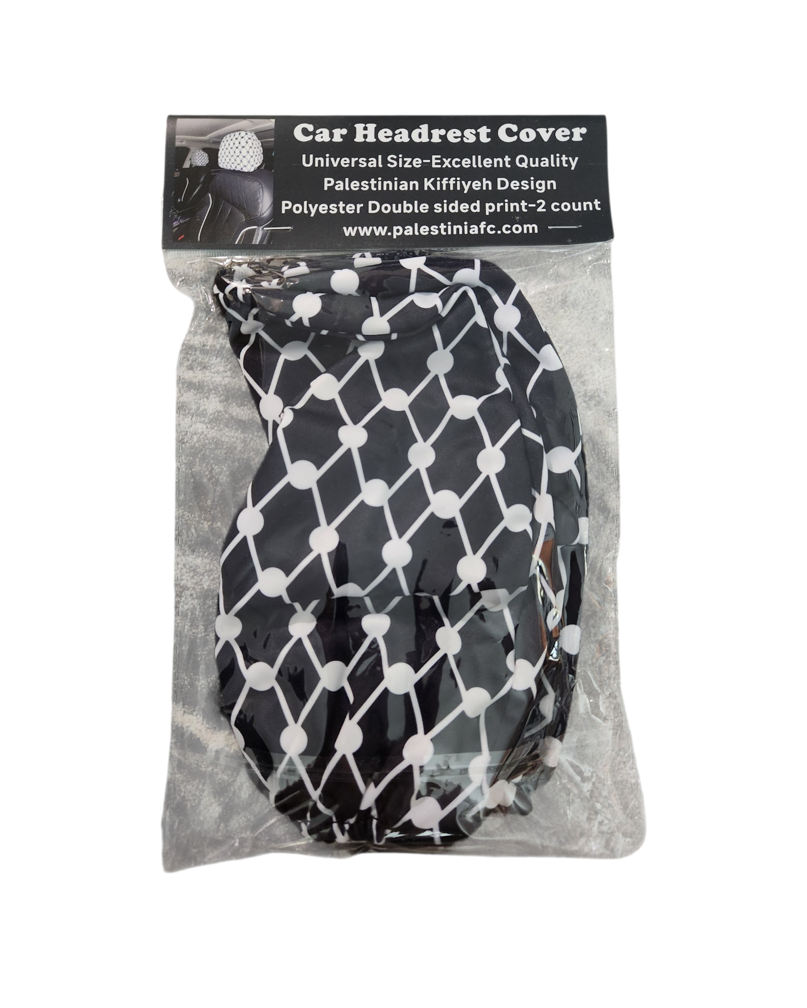 Car headrest cover with Palestinian Keffiyeh design packaging on a white background