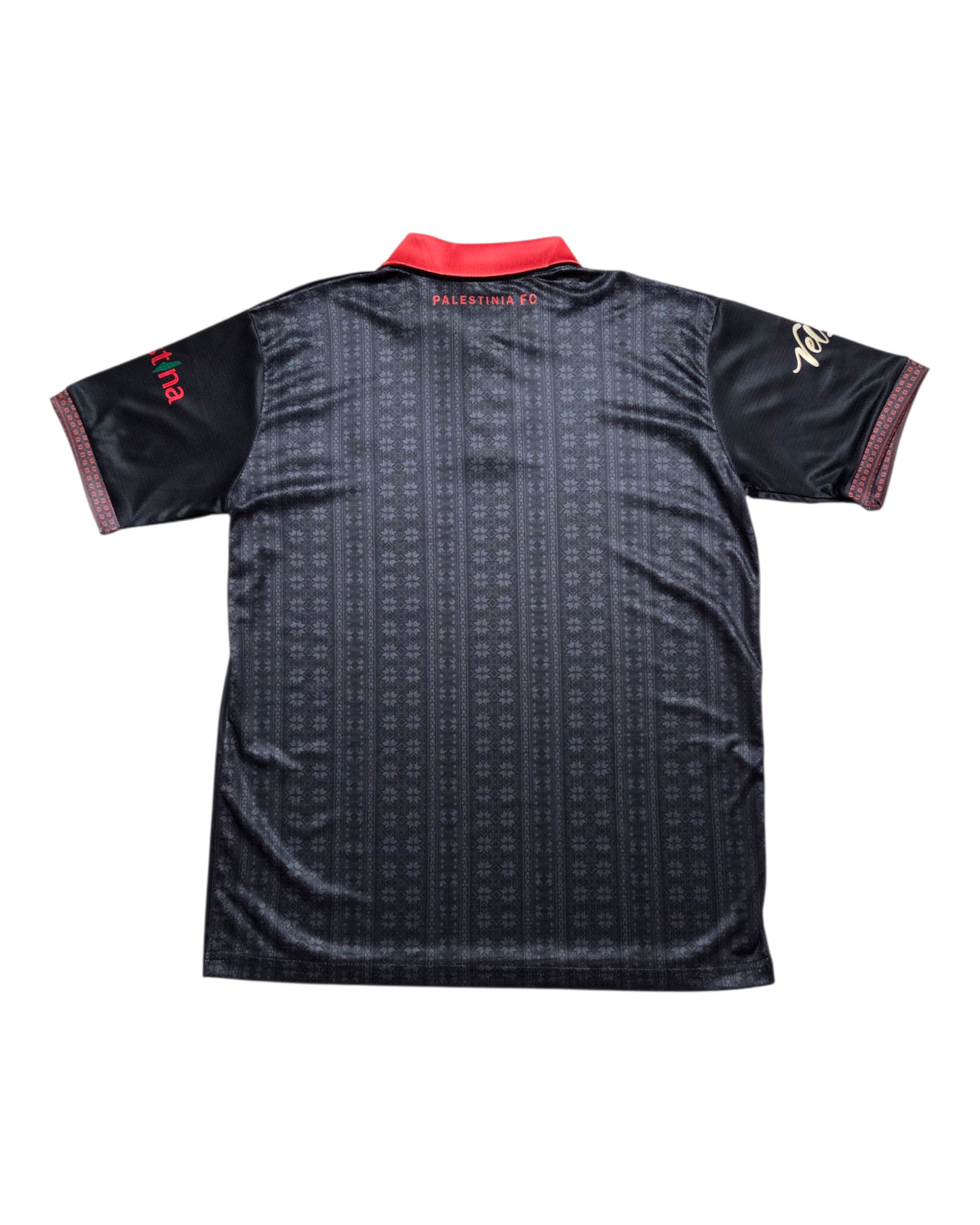 Back of black Palestine jersey showing subtle red Tatreez pattern