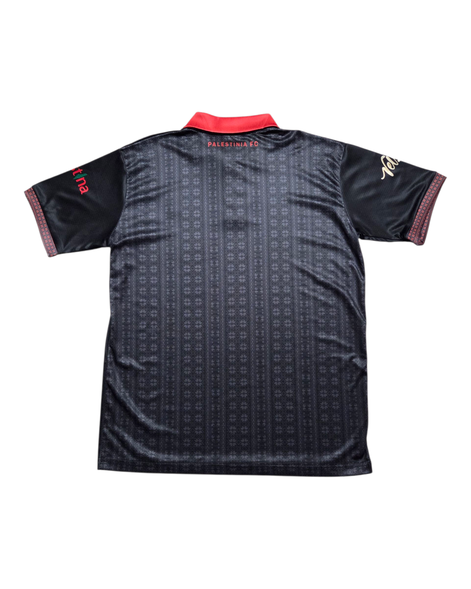 Back of black Palestine jersey showing subtle red Tatreez pattern