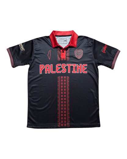 Front of black Palestine jersey with bold red Tatreez embroidery-inspired design
