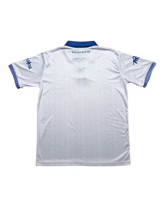 Back of white Palestine Tatreez jersey with subtle embroidery pattern