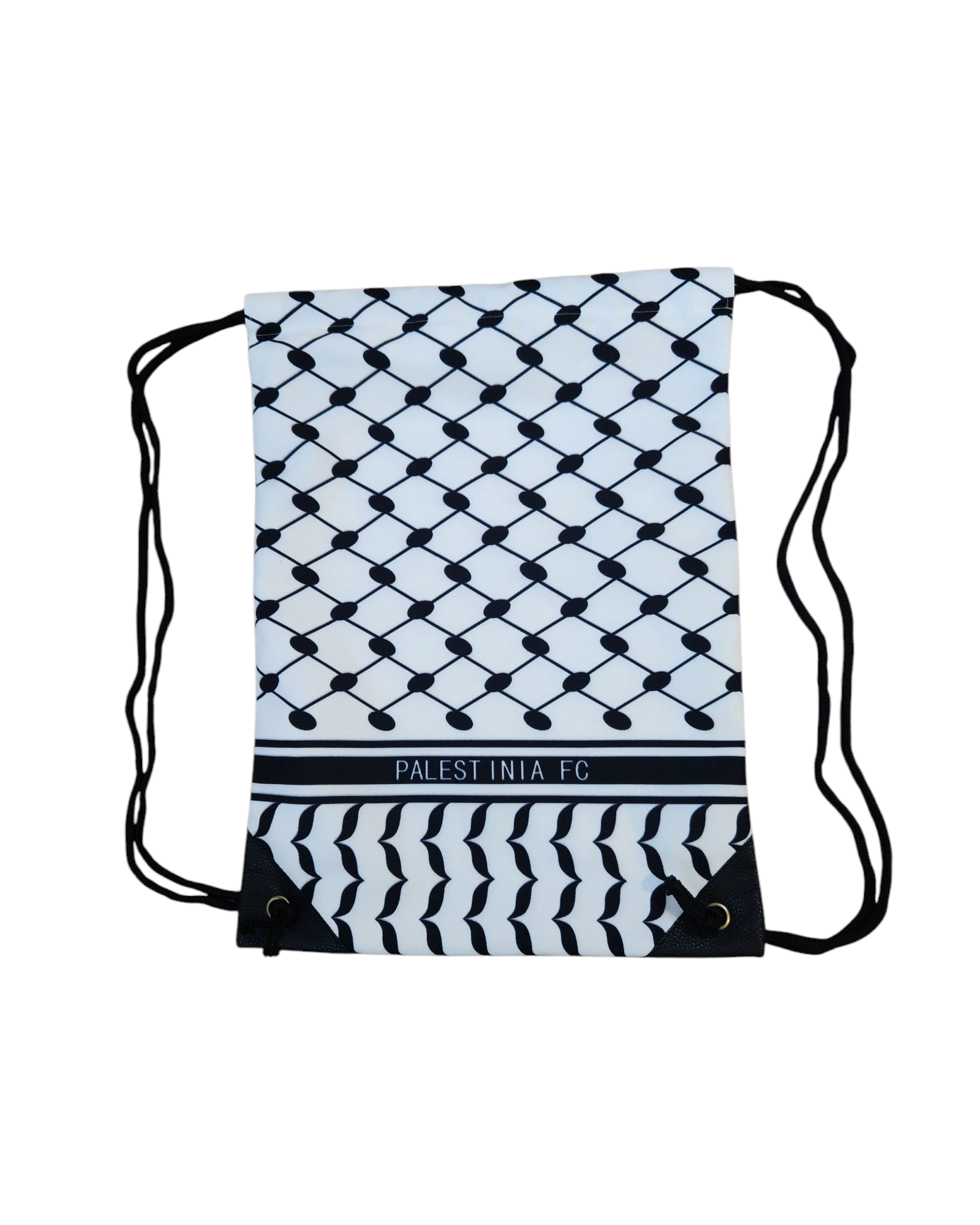 Palestinia FC keffiyeh drawstring bag with black-and-white Palestinian pattern and faux leather corners