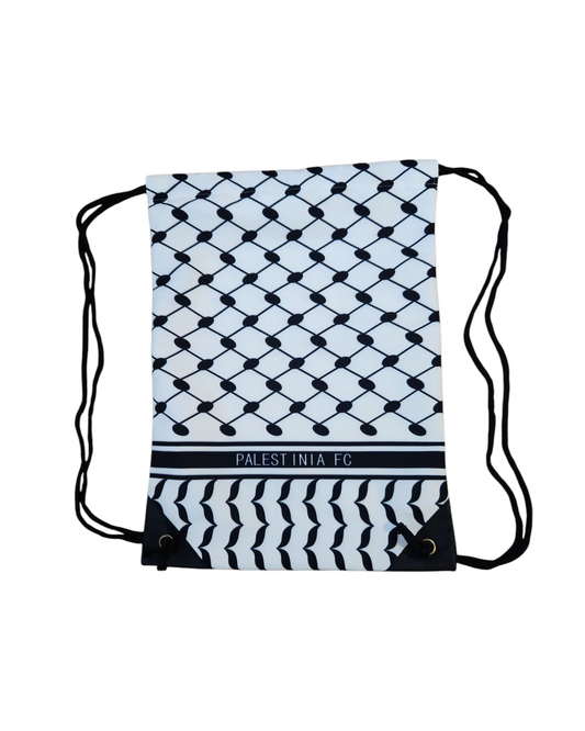 Palestinia FC keffiyeh drawstring bag with black-and-white Palestinian pattern and faux leather corners