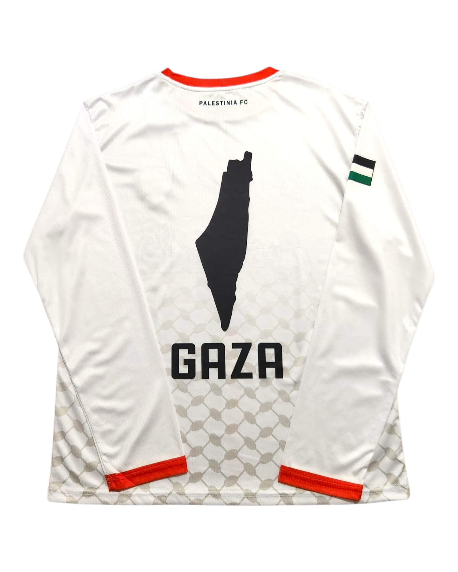 Back view of Palestinia FC long sleeve jersey showing Gaza silhouette and Palestine map