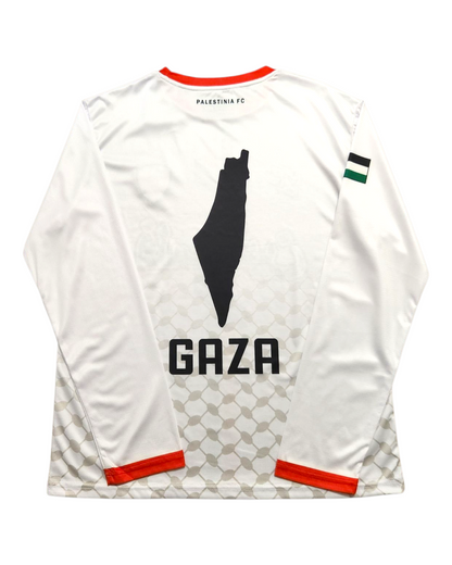 Back view of Palestinia FC long sleeve jersey showing Gaza silhouette and Palestine map