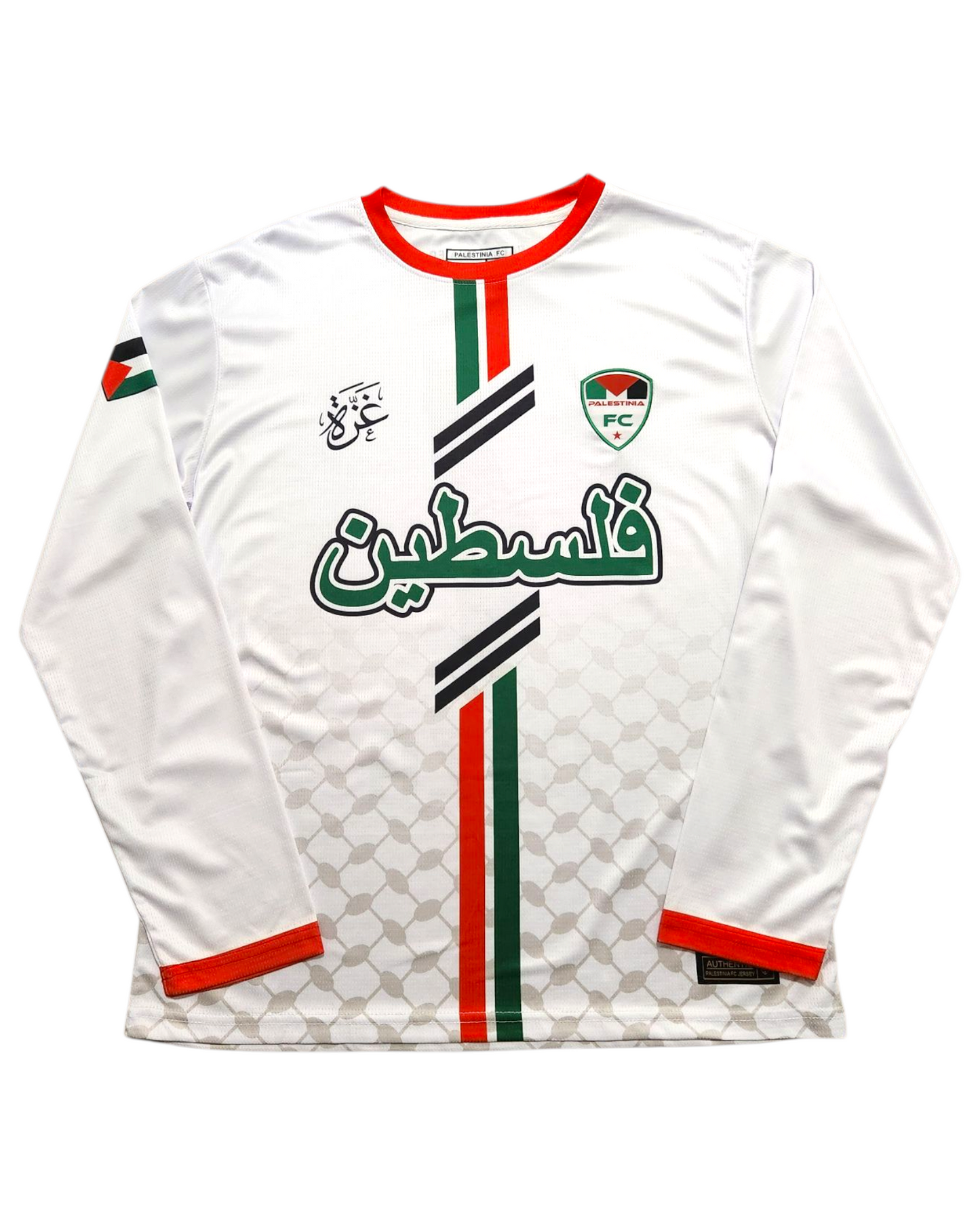 Front view of Palestinia FC white long sleeve Palestine Arabic jersey with red and green stripes