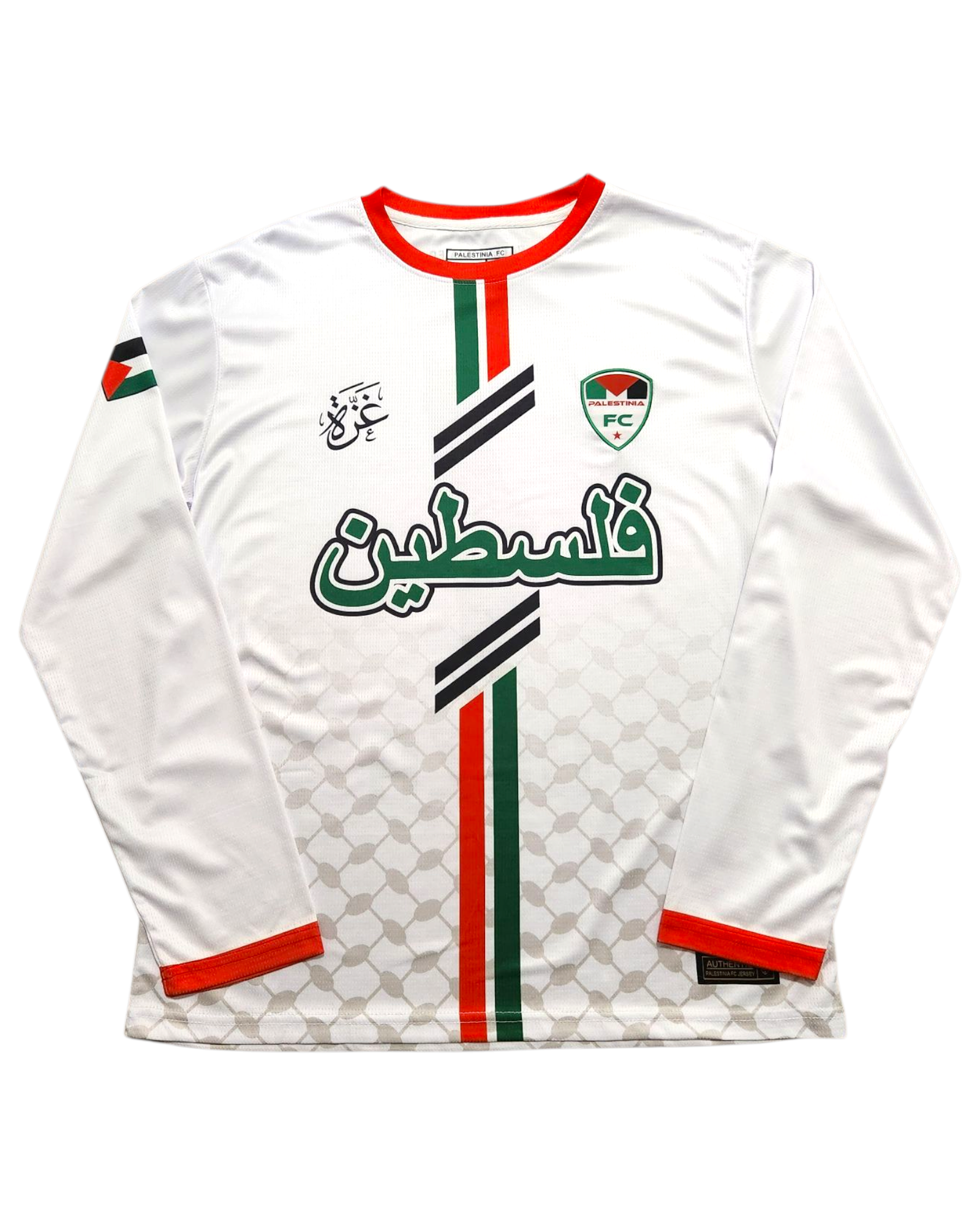 Front view of Palestinia FC white long sleeve Palestine Arabic jersey with red and green stripes
