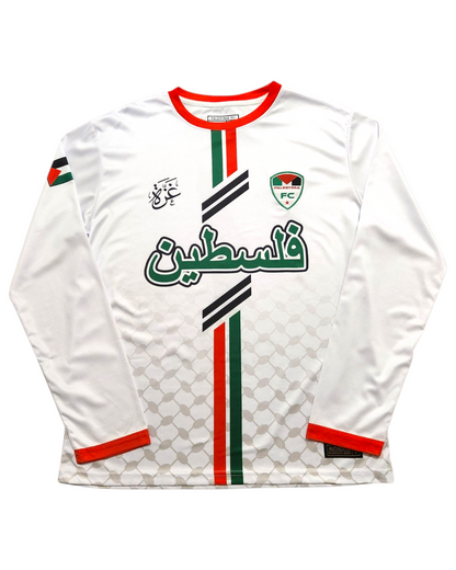 Front view of Palestinia FC white long sleeve Palestine Arabic jersey with red and green stripes