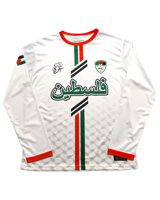 Front view of Palestinia FC white long sleeve Palestine Arabic jersey with red and green stripes