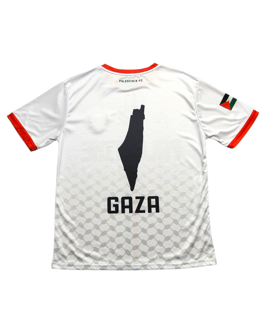White sports jersey with black silhouette of Gaza and 'Gaza' text on a white background