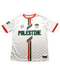 White sports jersey with 'Palestine' printed on it, featuring red and green accents.